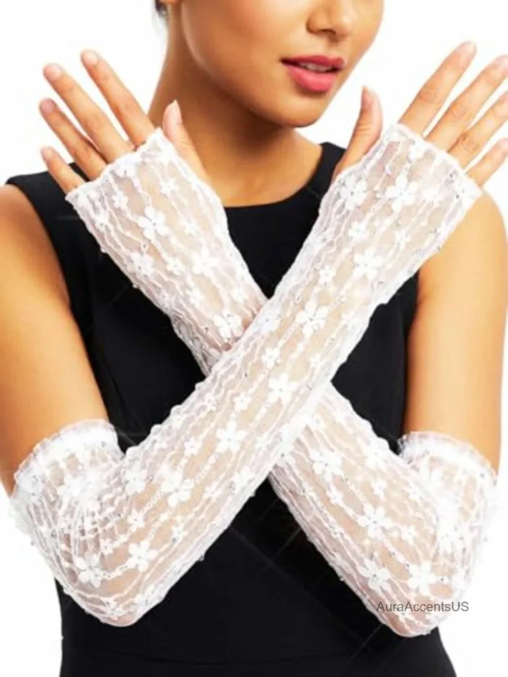 Elegant Fingerless Lace Gloves with Rhinestones for Women